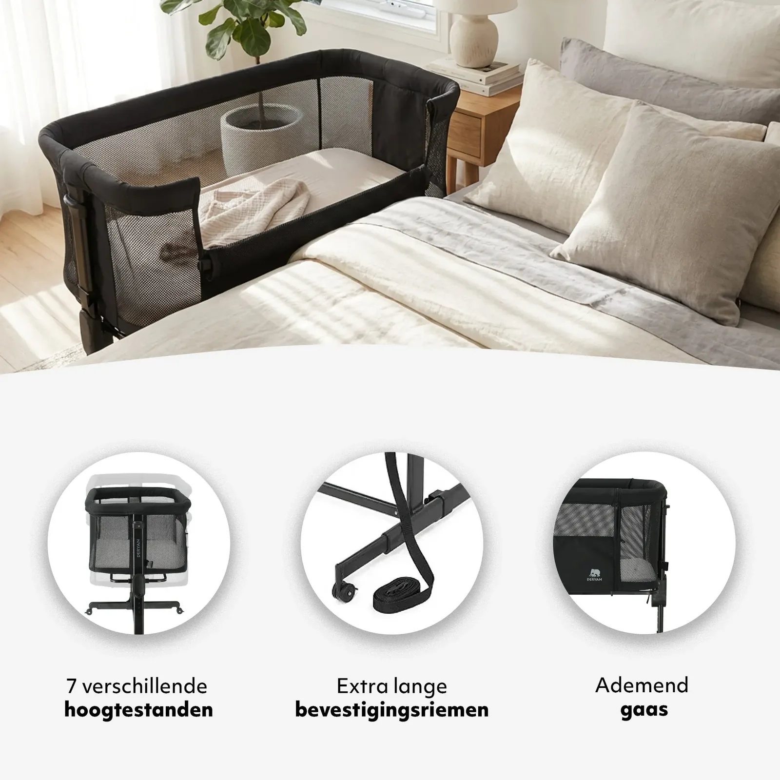 Snoozy co-sleeper: 7 hoogtestanden, bevestigingsriemen en ademend gaas
