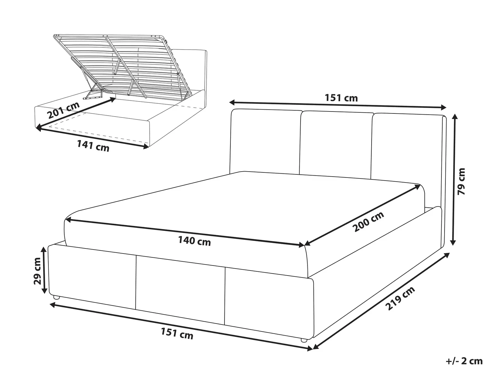 Afmetingen BOUSSE opbergbed 140 x 200 cm